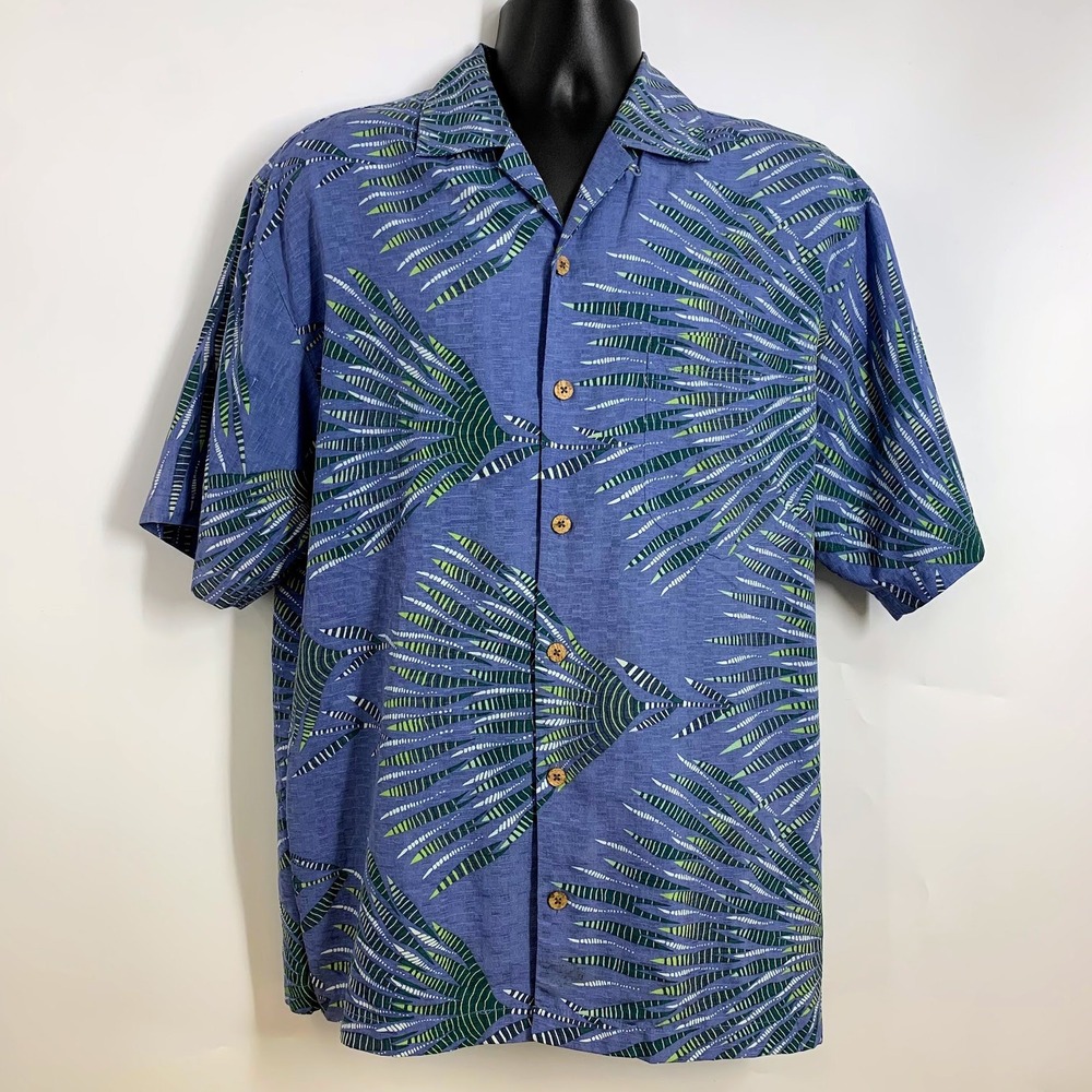 Tommy Bahama Men's Silk Shirt Blue Green‎ Palm Leaf Aloha Resort Shirt Size S